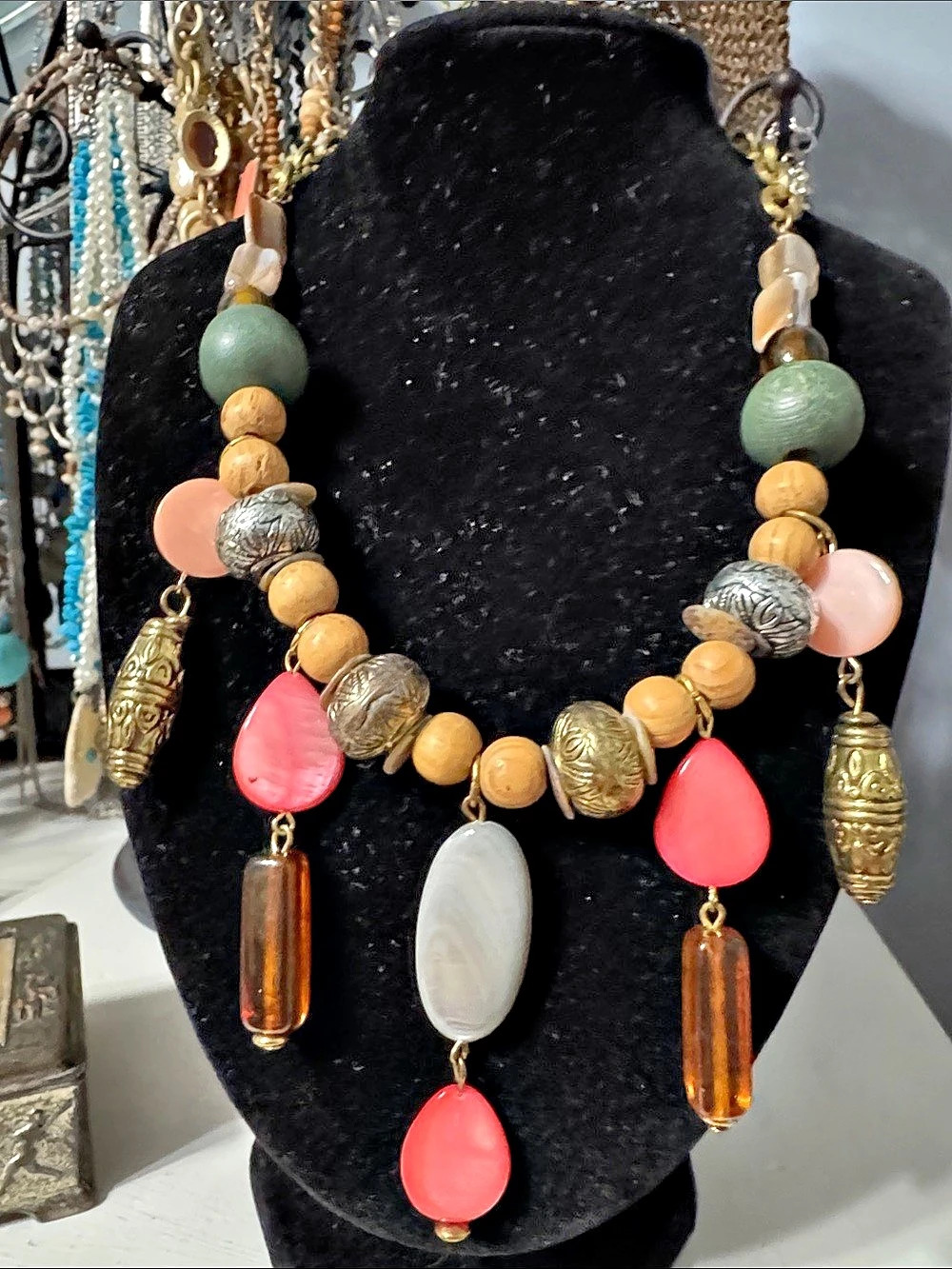 Chico Statement Beaded Pendant Necklace in Gold & Green